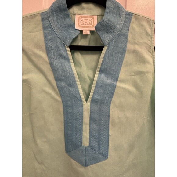 Sail To Sable Blue Green Preppy Resort Dress Size medium 100% linen elevated - Picture 2 of 9